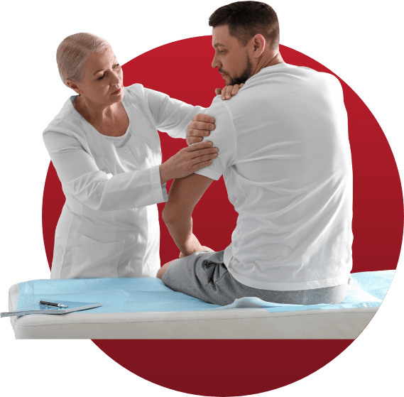 Lakeshore Bone & Joint Orthopedic Urgent Care | A medical professional examines a patient's shoulder as he sits on an examination table.