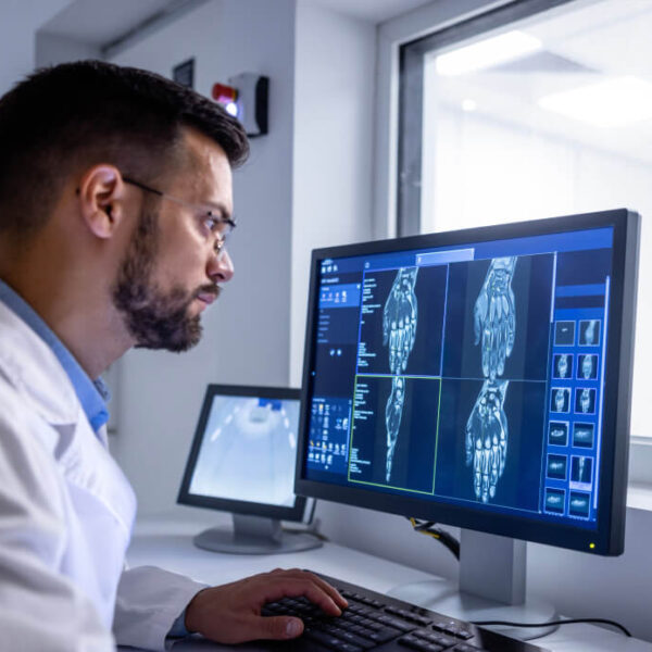 Lakeshore Bone & Joint Orthopedic Urgent Care | A doctor examines X-ray images of a hand on a computer screen in a medical office. A second monitor is visible in the background.