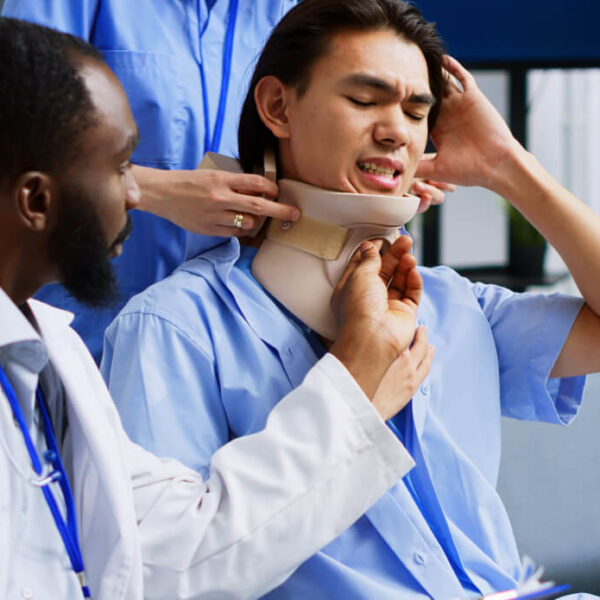 Lakeshore Bone & Joint Orthopedic Urgent Care | A medical professional assists a patient in adjusting a neck brace, while the patient appears to be in discomfort.